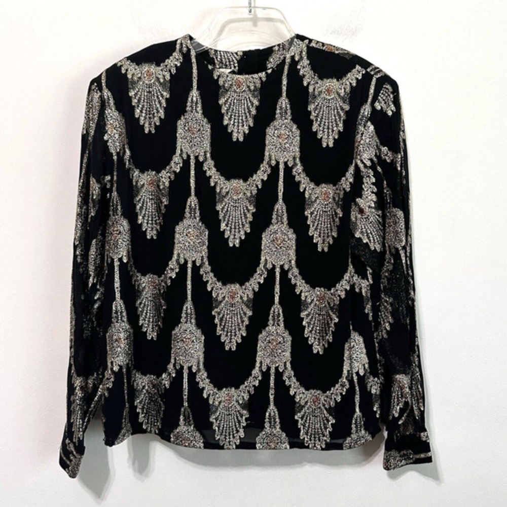 Sunny Leigh Top Gold Lame 10 Black Party Boxy Long Sleeve Cocktail Vintage Lined